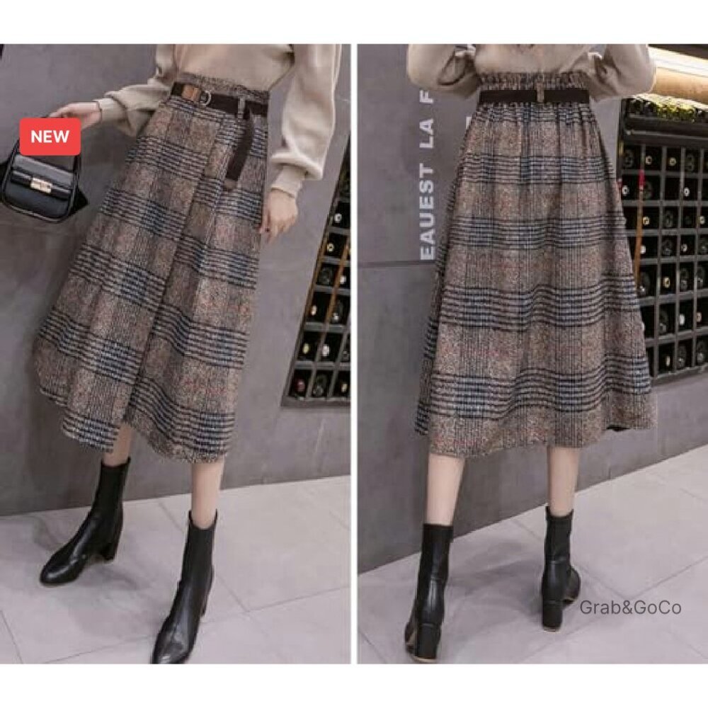 Vintage Plaid Wool Blend Midi Skirt A-Line Retro Chic Elegant Belted - Picture 5 of 6